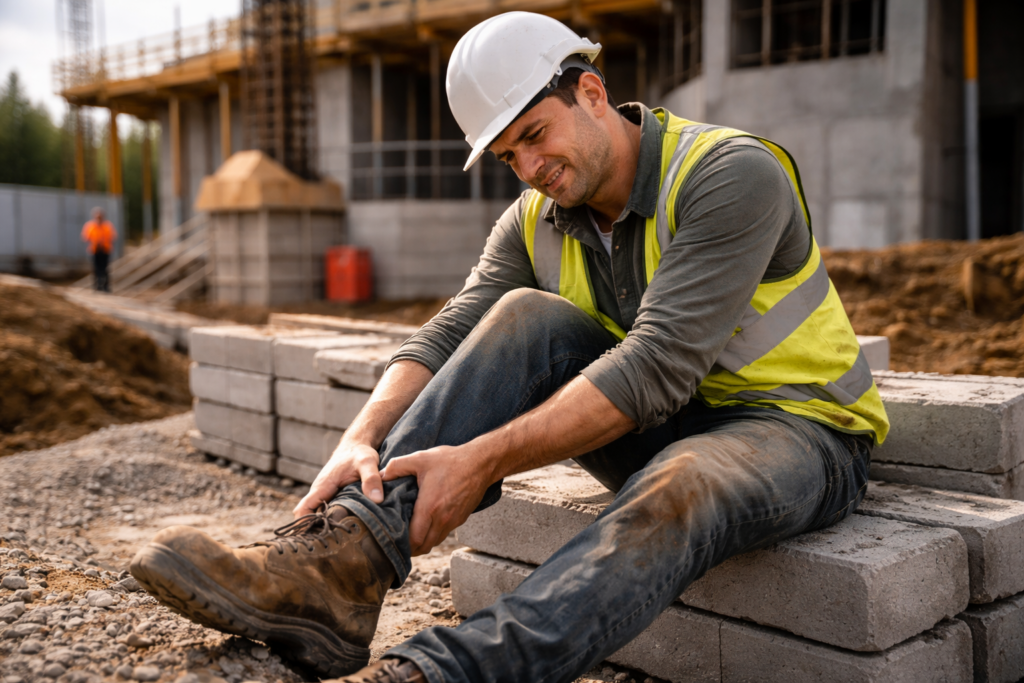 安全靴を着用した現場作業員が足の疲労を感じている様子